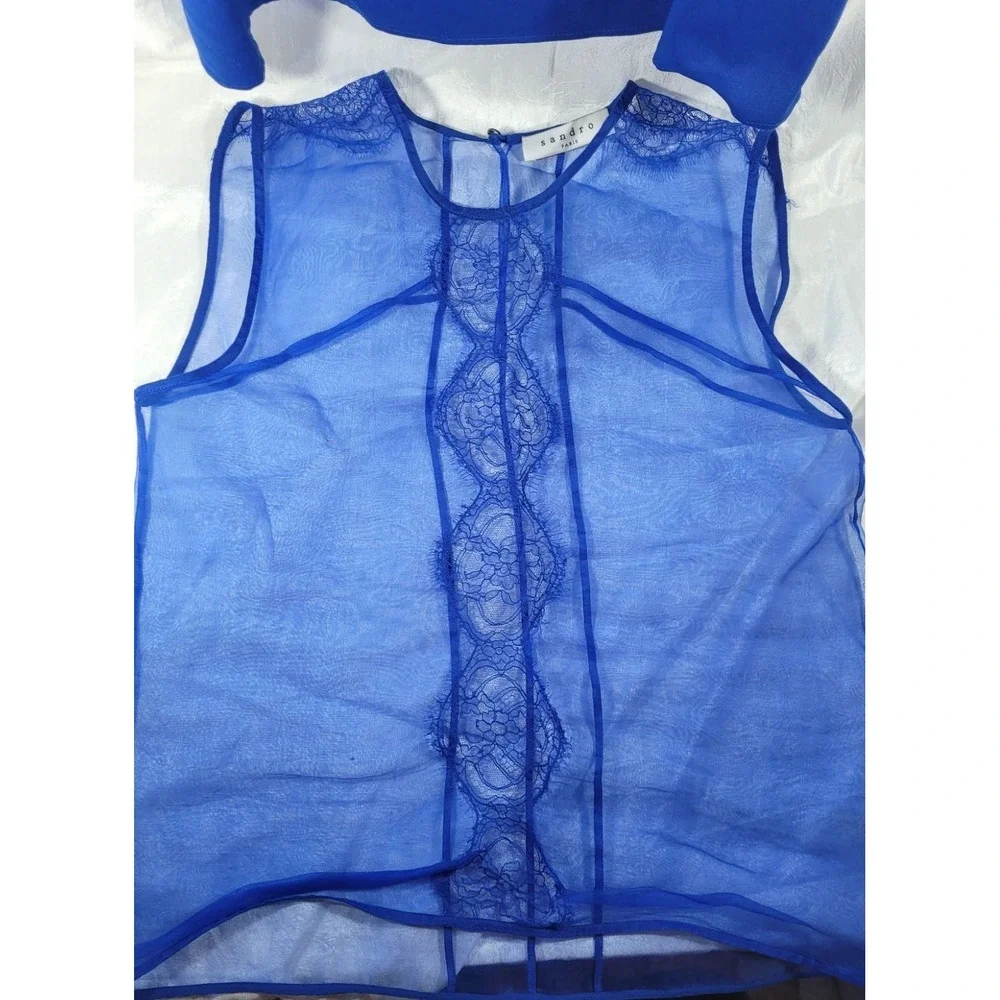 Sandro Paris Women's Sheer Sleeveless Top w/ Silk Cami - Blue - Sz 1 (US 4) - Picture 2 of 7